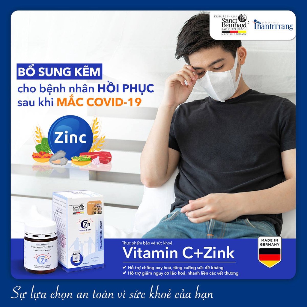 Viên uống Vitamin C và Kẽm tăng cường đề kháng miễn dịch, đẹp da hộp 60 viên chính hãng Sanct Bernhard Đức