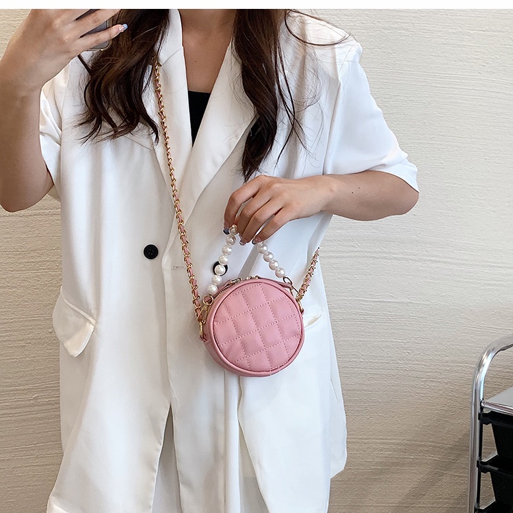 Túi đeo vai IELGY hình tròn cỡ nhỏ họa tiết hình thoi phối dây xích thời trang cho nữ