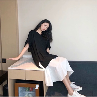 (Order) bigsize Đầm dáng dài đuôi cá phối đen trắng