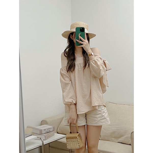 [Ảnh thật]Áo đũi trễ vai thắt nơ phong cách Ulzzang