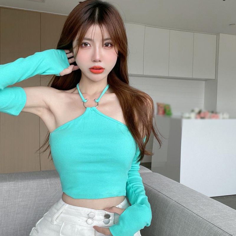 Áo thun tay dài cổ yếm màu sắc trơn phong cách Hàn Quốc