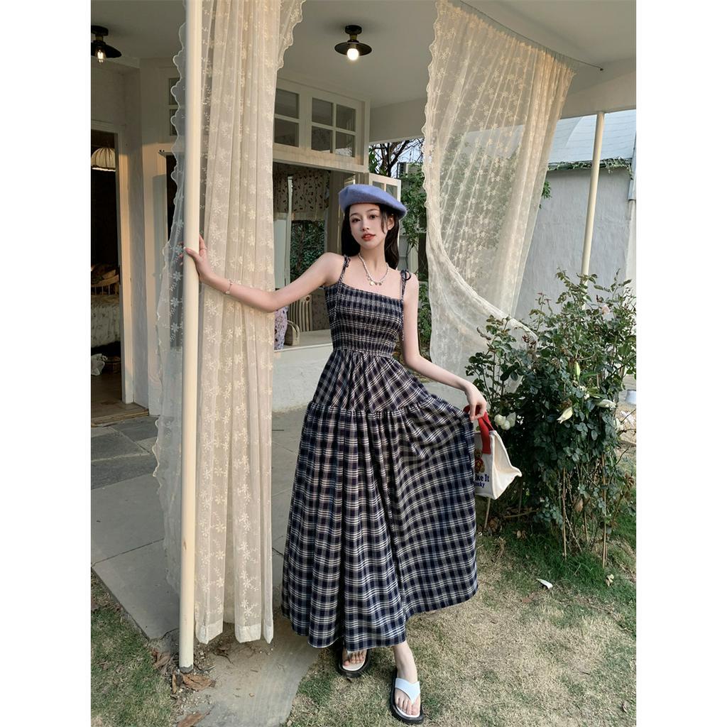 「 WELOVE1 」Đầm Midi Hai Dây Dáng Vừa Kẻ Sọc Caro Nhiều Màu Phong Cách Pháp Cho Nữ
