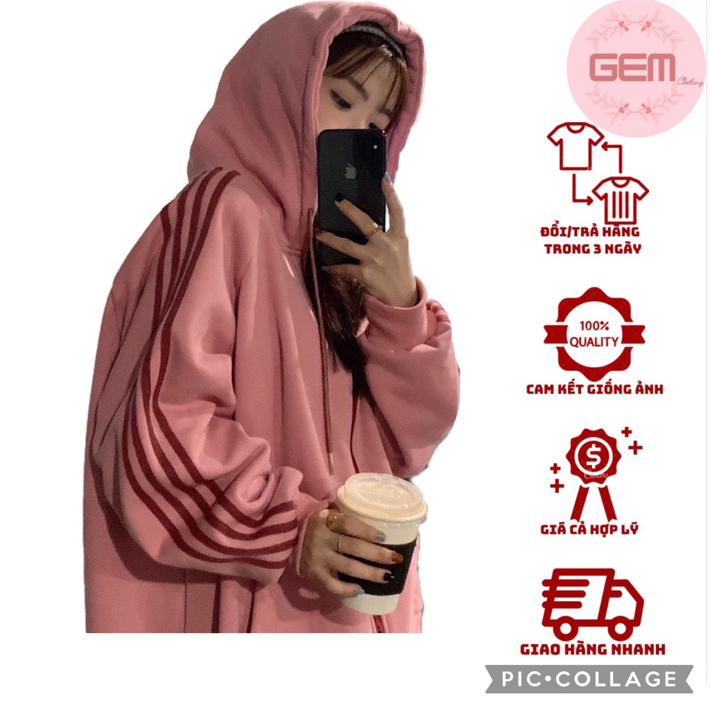 Áo khoác hồng 4 sọc nữ form rộng ulzzang tay bồng kiểu dáng Hàn Quốc jacket sweater, hoodie zip thể thaoFreeship Sale
