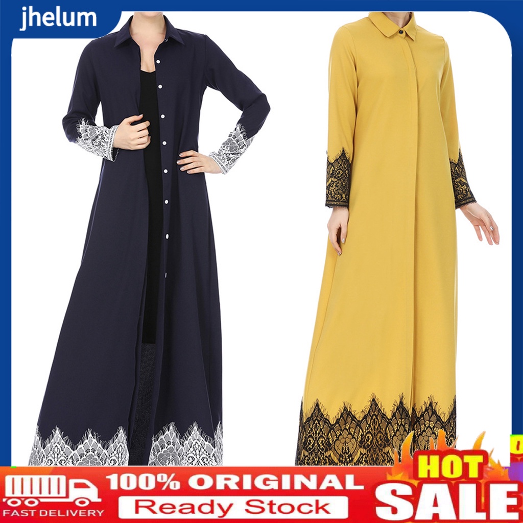 (someryer.vn) Đầm Maxi Tay Dài Cổ Bẻ Phối Ren Dáng Rộng Cài Một Hàng Nút Cho Nữ