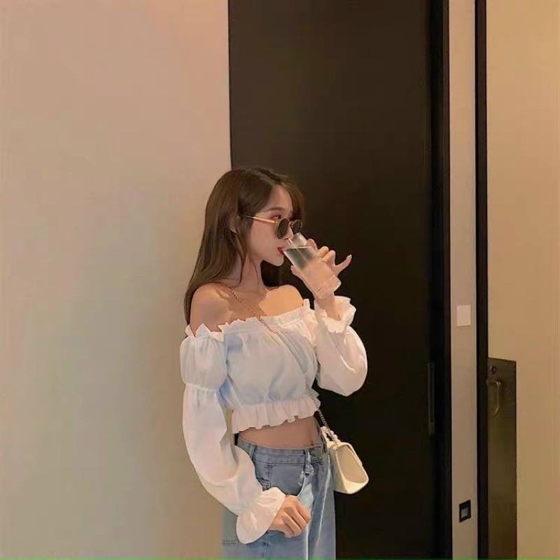 Áo Croptop Voan Trễ Vai Tay Dài Phối Nhún Bèo A5194