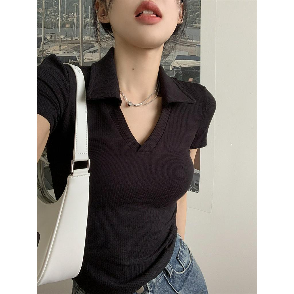 Áo Thun polo Dệt Kim Cổ V Dáng Ôm Ngắn Tay Thời Trang Retro Sành Điệu 63143