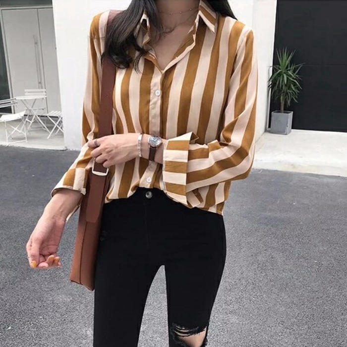 IELGY  Áo Sơ Mi Tay Dài Dáng Ôm Họa Tiết Kẻ Sọc Thời Trang Dành Cho Nữ
