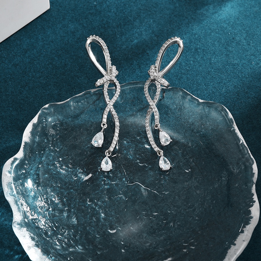 Bông Tai Mạ Bạc 925 Hình Nơ Đính Kim Cương Thời Trang Dành Cho Nữ