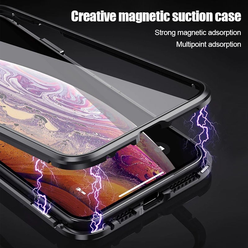Ốp Điện Thoại Hai Mặt Kính Viền Kim Loại Hít Nam Châm 360 Độ Cho iPhone 13 11 12 Pro Max X XS XR XSMax 8 7 Plus