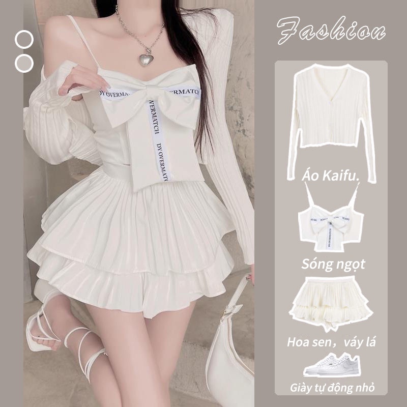 Chân Váy Xếp Ly + Áo Hai Dây Đính Nơ Dễ Thương