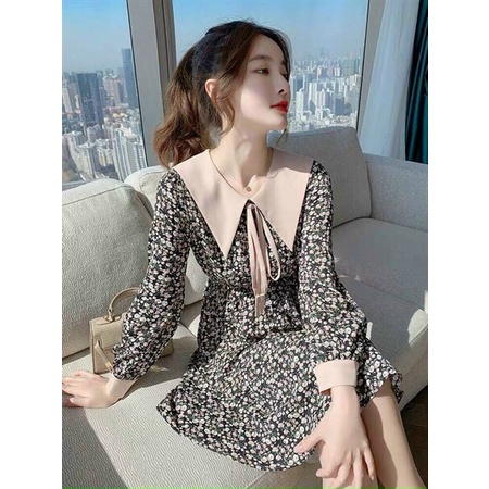 Váy đầm nữ tay phồng dài hoạ tiết hoa nhí cổ sơmi nhọn cột nơ dễ thương