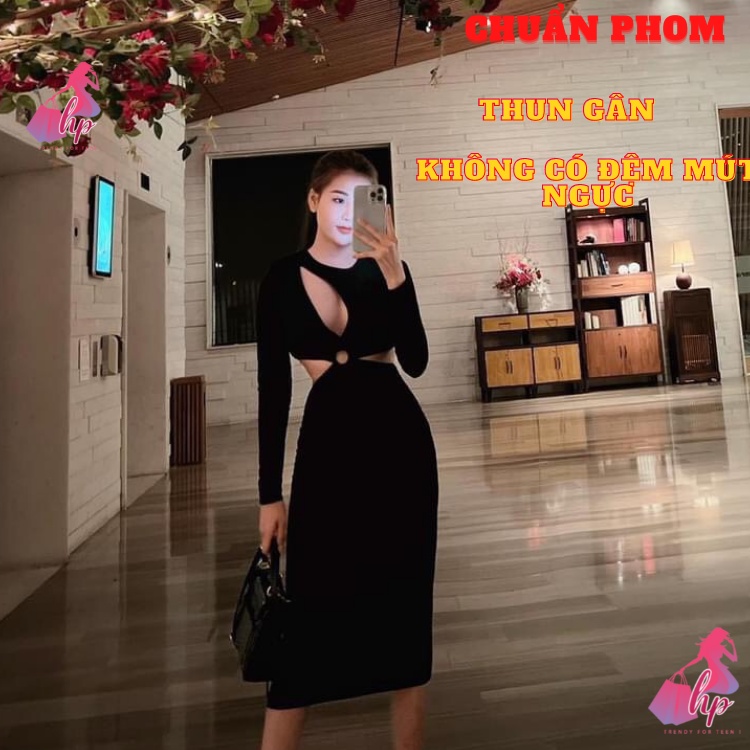 Váy đầm khoét ngực hở eo lưng  nữ dáng dài tay dài ôm body màu đen sang chảnh hàn quốc dự tiệc alohashop91