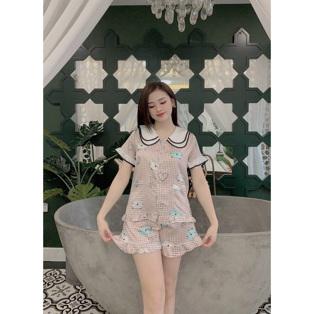 Bộ Pijama Lụa Cộc Cổ Sen - Đồ Ngủ Mặc Nhà Cao Cấp