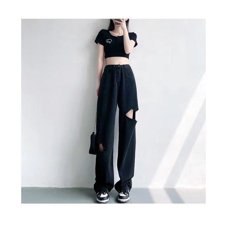 Quần Jean Nữ Cạp Cao Ống Rộng Rách Gối Phong Cách Mới