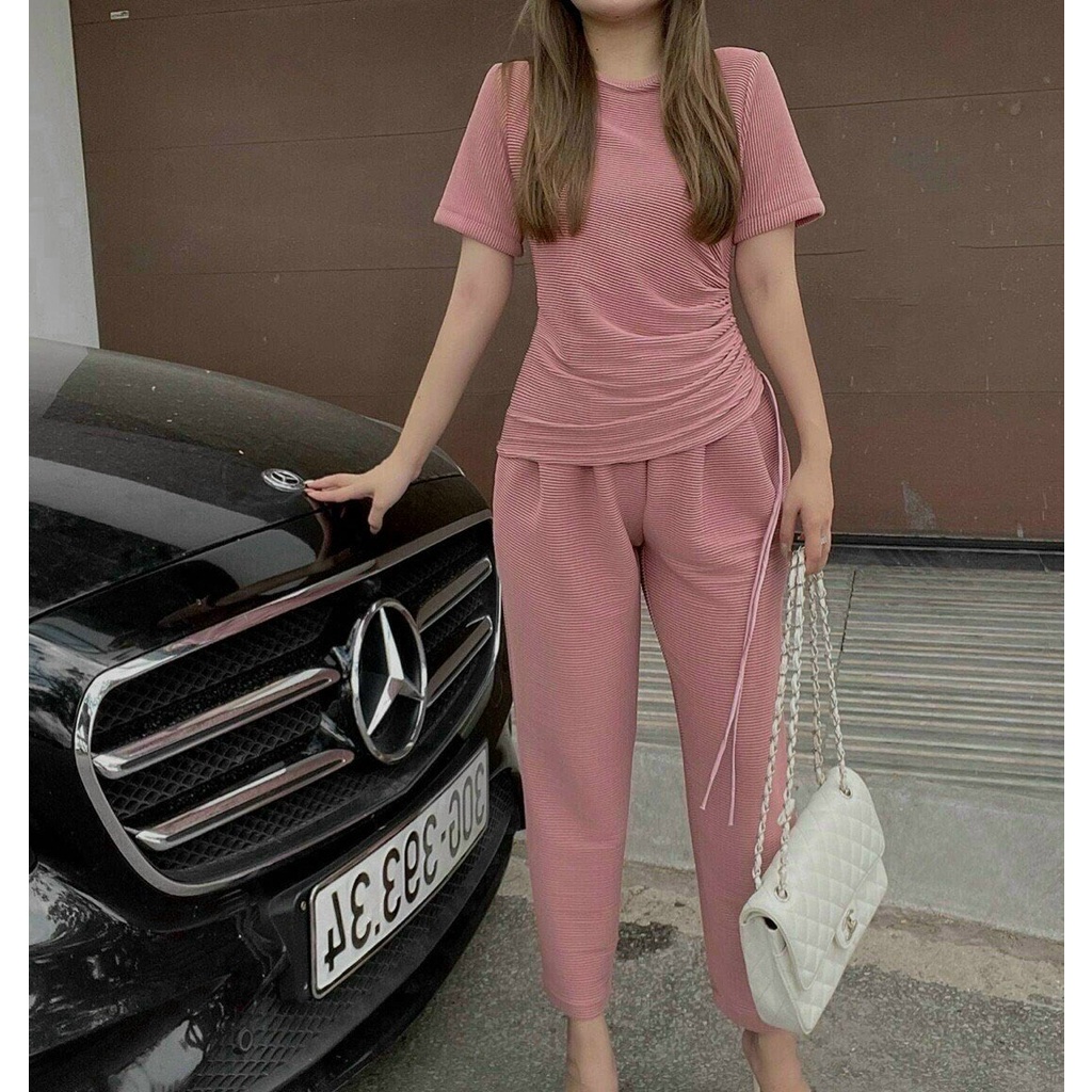 Sét bộ áo cộc quần dài áo rút dây một bên eo kiểu đơn giản mà sang chảnh vải co giãn 3 màu nâu đen và hồng siêu xinh