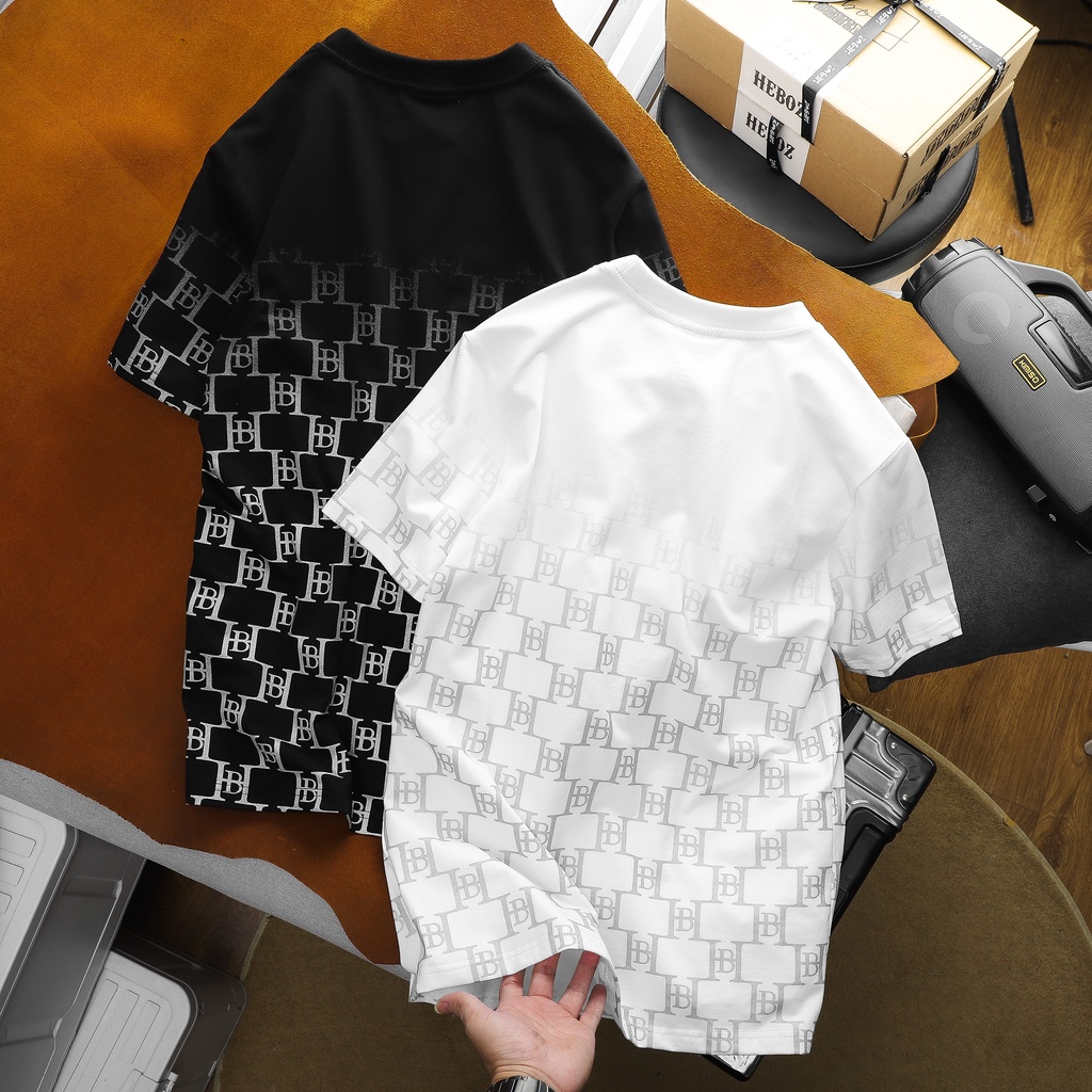Áo thun cổ tròn nam in nhũ monogram chất vải cotton 4 chiều thoáng mát, HEBOZ - Black 00001170