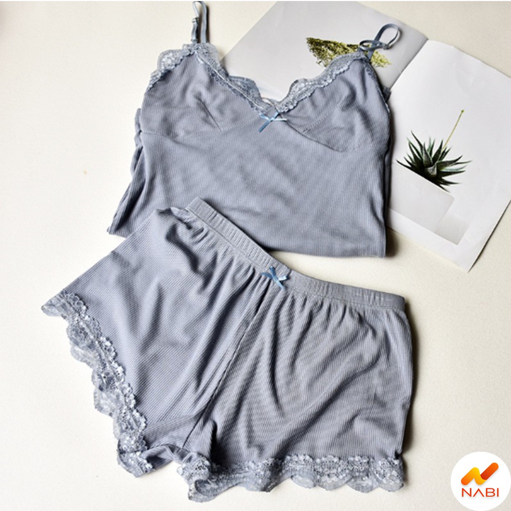 Đồ Bộ 🌹FREESHIP🌹 Sét Bộ Ngủ 2 Dây Thun Tăm Phối Ren Cực Đẹp AN09-NABI | BigBuy360 - bigbuy360.vn