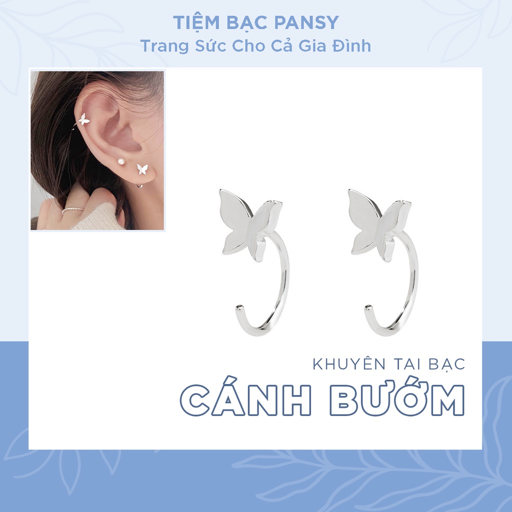 Khuyên tai bạc nữ PANSY dạng kẹp cánh bướm xinh xắn, bông tai kẹp vành bằng bạc thật cá tính