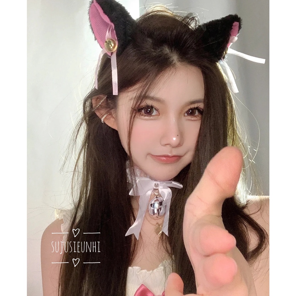 (3màu ) Vòng cổ choker nơ ren đính chuông cosplay mèo neko