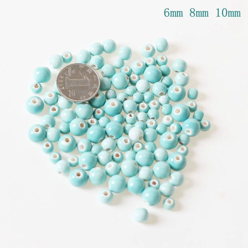 6/8/10mm 50 hạt gốm xỏ dây màu xanh da trời