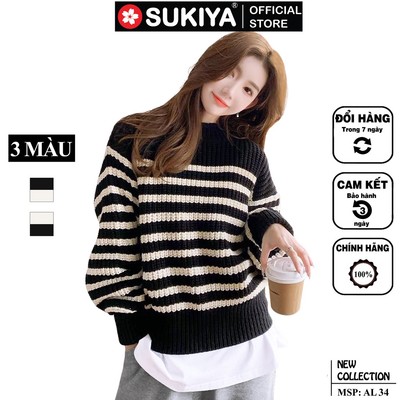 Áo Len Nữ Kẻ Dáng Rộng SUKIYA Chất Len Dày Dặn Mềm Mại AL34