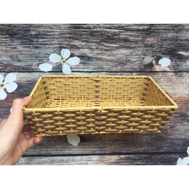 Khay chữ nhật nhựa giả mây, khay đựng đồ decor sắp xếp đồ đạc