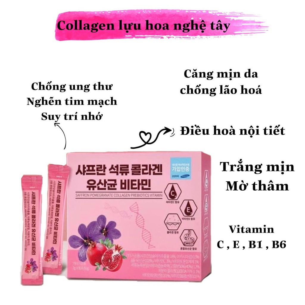 Bột Collagen Lựu Nhuỵ hoa Nghệ Tây saffron Hàn Quốc ( Hộp 30 gói )