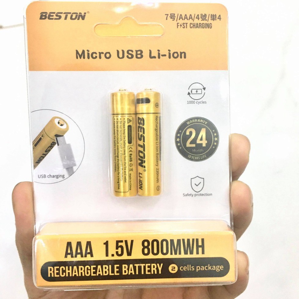 Vỉ 2 Pin đũa sạc AAA cao cấp Beston 1.5V Dung lượng cao sạc nhanh trực tiếp bằng cổng micro USB | Pin sạc 3A cao cấp