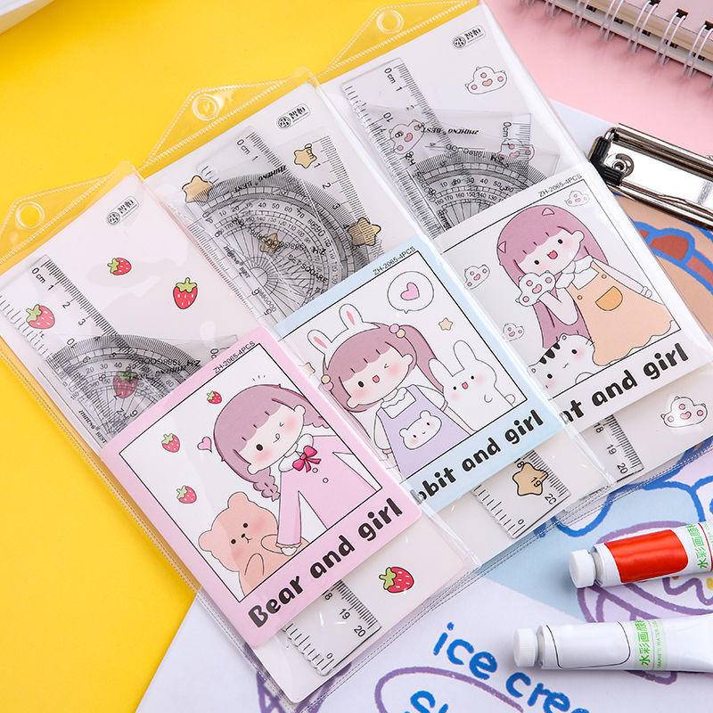 ⭐ iLado ⭐   Bộ Thước Kẻ 4 Món 15cm Thước đo kích thước Dụng Cụ Vẽ Hình Học Thước kẻ học sinh dễ thương chất lượng cao Tiện Lợi Hoạt Hình trong suốt có túi đựng In Họa Tiết Hoạt Hình dễ thương chất lượng cao