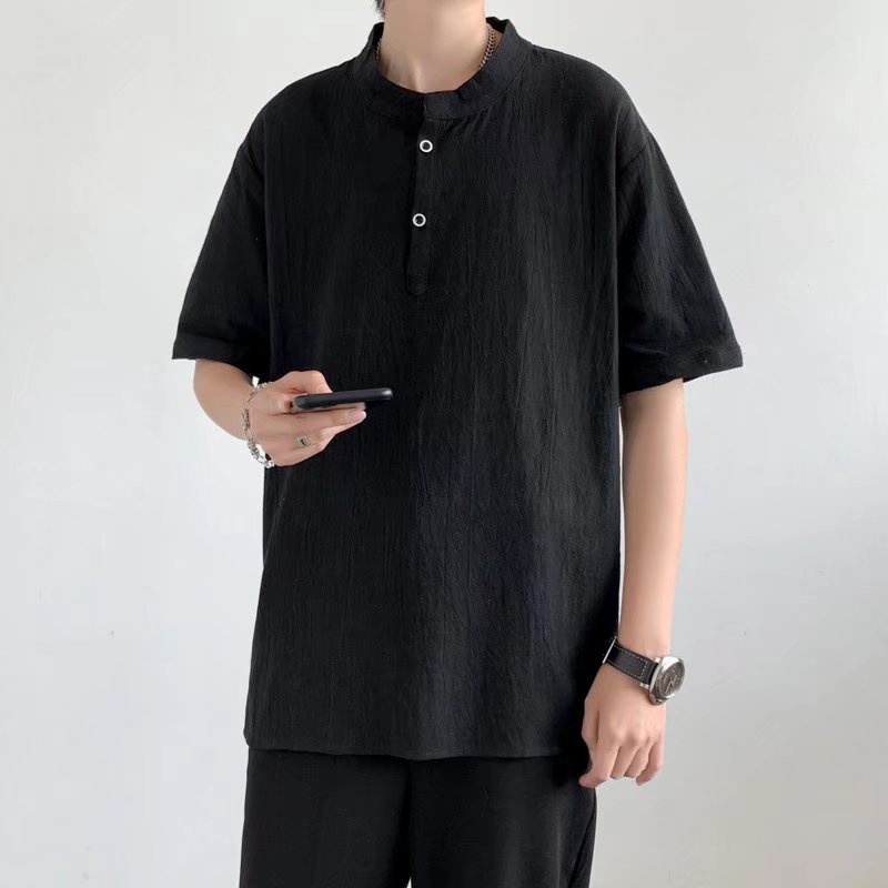 Áo Sơ Mi Cotton Lanh Tay Ngắn Cổ Đứng Phong Cách Truyền Thống Cho Nam Giới