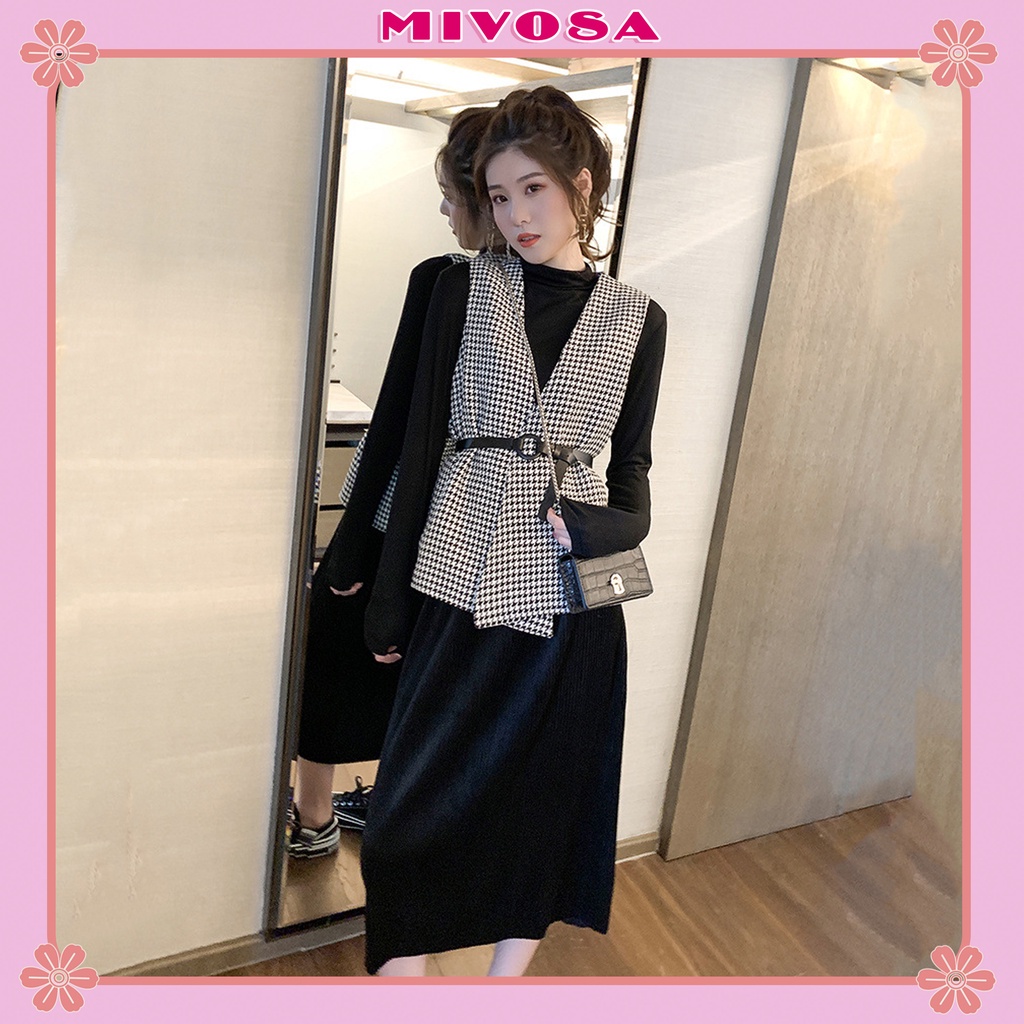 Set váy len tăm cổ lọ mix áo gile sơ mi nữ cổ V kèm thắt lưng đầm suông nữ MIVOSA SV008 | BigBuy360 - bigbuy360.vn