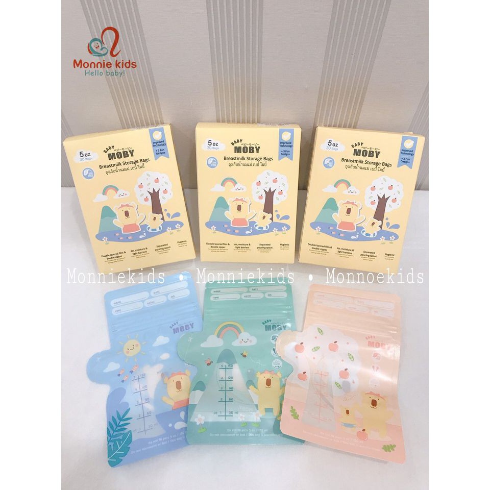 Túi trữ sữa cho bé MOBY BABY 150ml 240ml, túi đựng sữa 3 đường zip có vòi - Monnie Kids