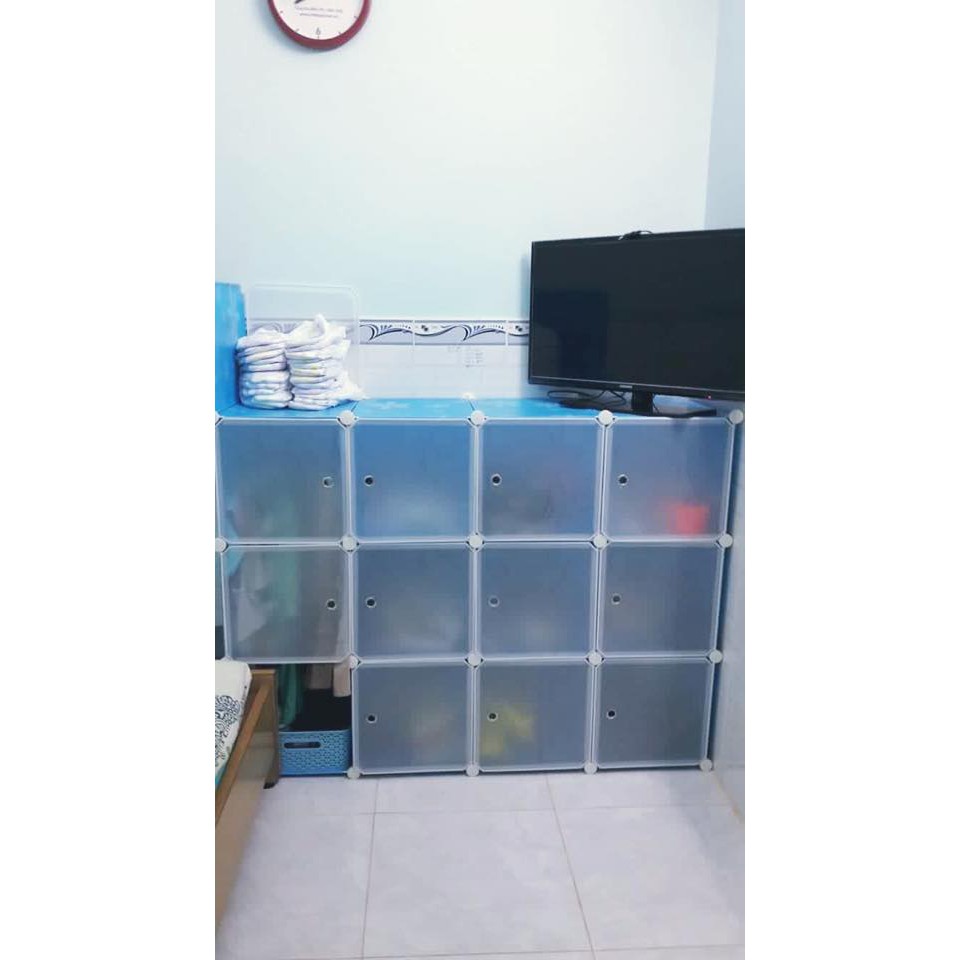 Tủ nhựa lắp ghép 15 ô (3 ô giày) khung xanh hoa cửa trong vân 111*165*47cm