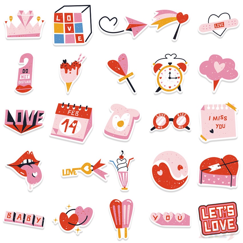 ❉ Nhãn Dán Màu Hồng Love Series 01 ❉ Bộ 50 Sticker Chống Thấm Nước Họa Tiết Doodle Hợp Thời Trang