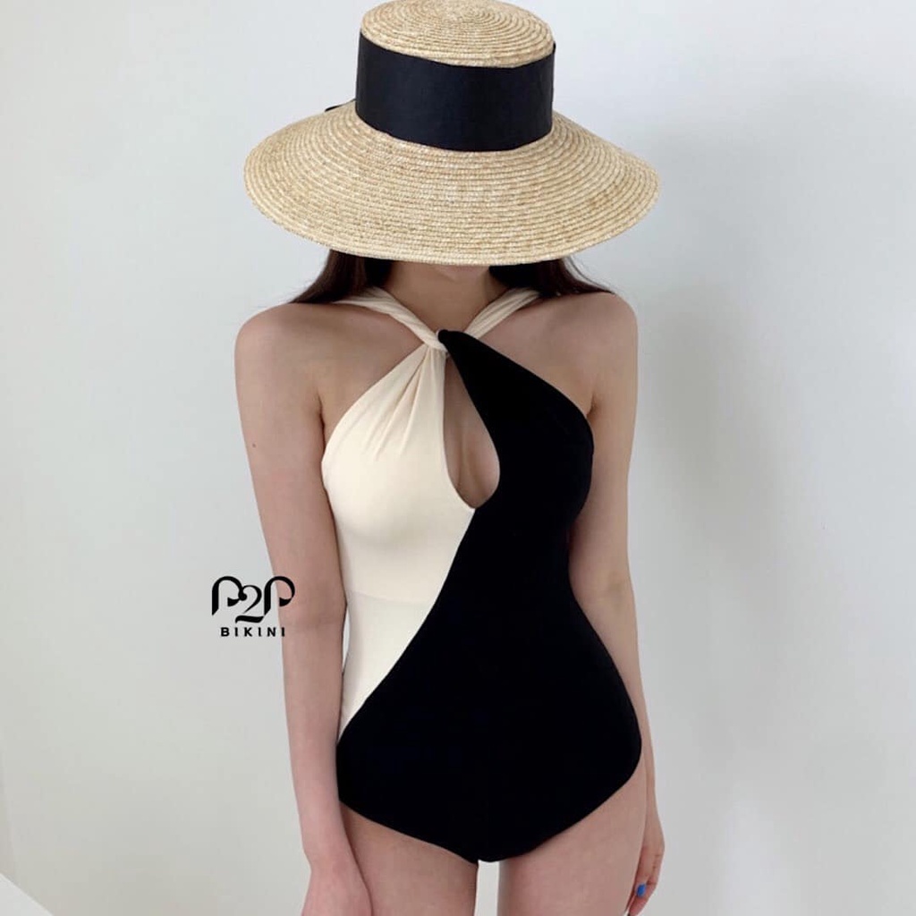 P2P BIKINI - Monokini cổ yếm ngực cut out phối màu trắng đen - MN360_HN