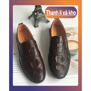 Giày lười nam da bò tạo vân cá sấu - màu nâu