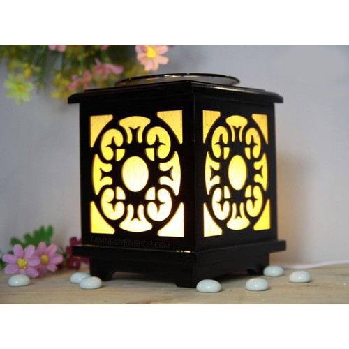 Đèn Xông Tinh Dầu, Đèn Đốt Tinh Dầu Gỗ Vuông Cao Cấp + Tặng Tinh Dầu Quế + Tặng bóng dự phòng