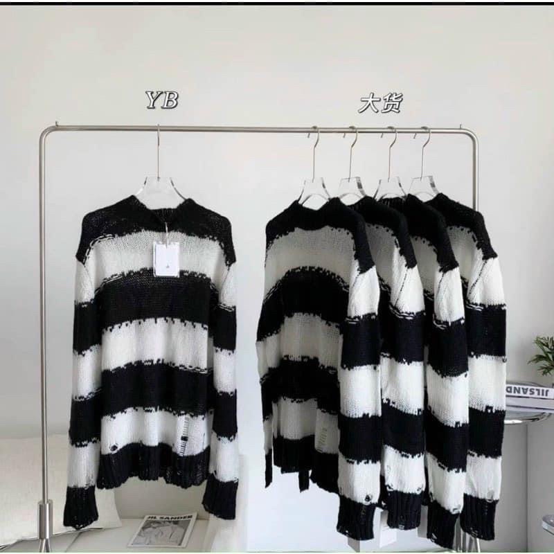 ÁO LEN RÁCH DÀI TAY KẺ ĐEN TRẮNG