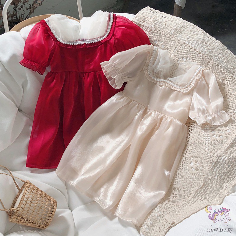 Đầm Công Chúa Vải Satin Tay Phồng Kiểu Hàn Quốc Xinh Xắn Cho Bé Gái