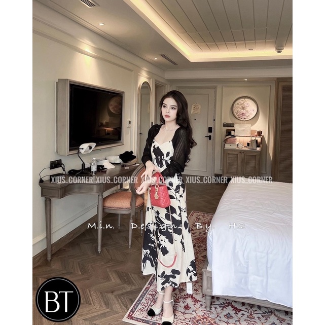 [ 𝐅𝐑𝐄𝐄 𝐒𝐇𝐈𝐏 ] SÉT VÁY 2 DÂY HOA MIX CADIGAN ĐEN SIÊU HÓT VÁY HOA THÔ LỤA