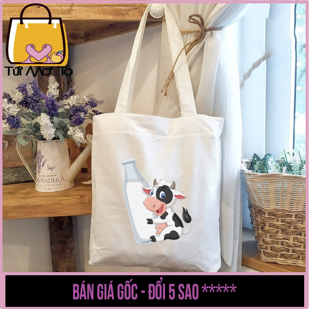 Túi tote vải canvas VUÔNG trắng có khóa kéo in hình BÒ SỮA tổng hợp - Túi Mơ To store