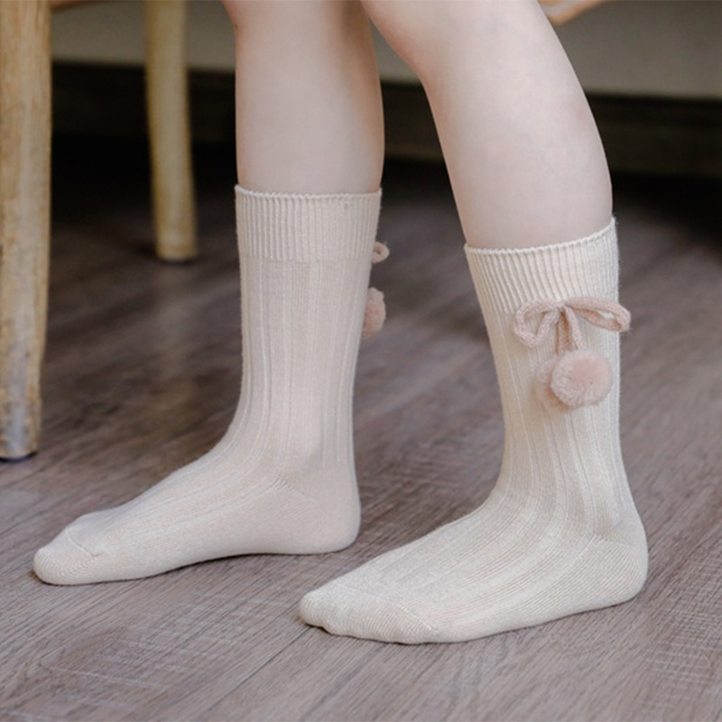 Tất Dệt Kim Cổ Cao Đính Nơ / Quả Cherry Phối Lông Màu Trơn Dễ Thương Thời Trang Mùa Thu Cho Bé Gái