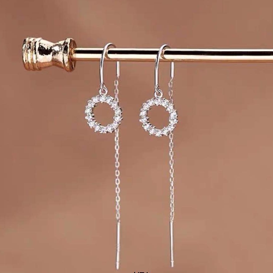 Khuyên tai bạc Van Jewelry V10737 Khuyên nguyệt quế nạm đá thả tua dài