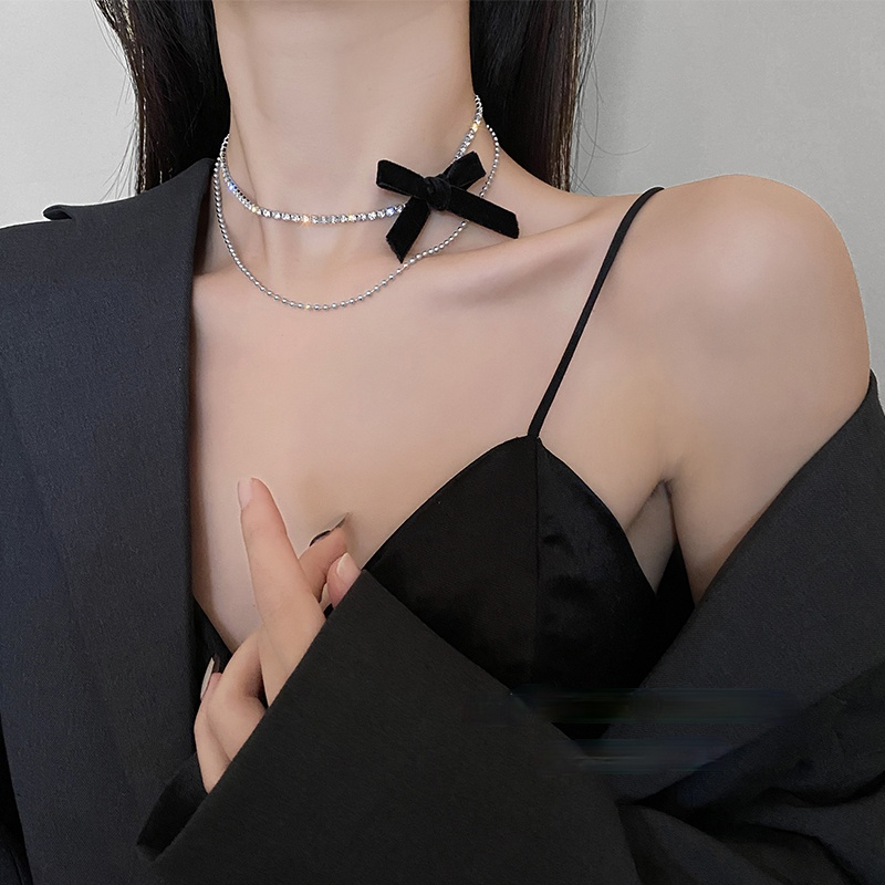 Vòng cổ choker 2 lớp mặt hình nơ đính đá phong cách Hàn Quốc thời trang