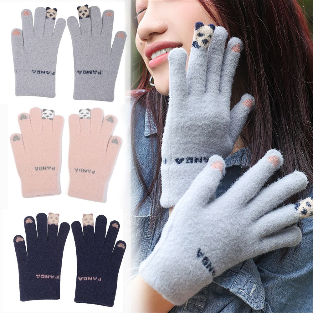 Okdeals Găng Tay Dệt Kim Dày Dặn Ấm Áp Hình Mèo Hoạt Hình Có Thể Chạm Màn Hình Cảm Ứng Mùa Đông Cho Nữ Ngoài Trời