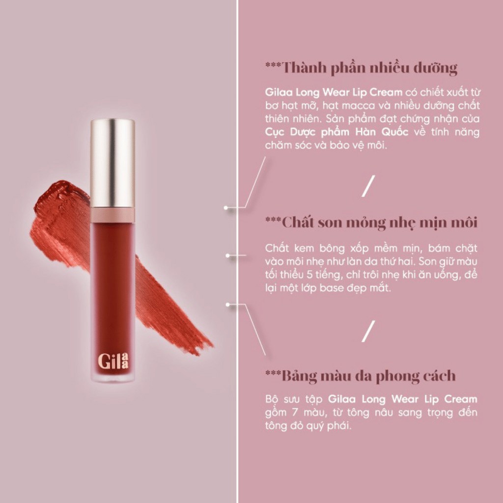 Son kem lì lâu trôi Gilaa Long Wear lip cream Che phủ giữ màu tốt - HONGS BAEUTY