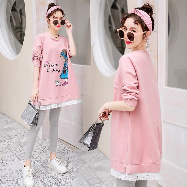 bộ đồ Bầu NighDay phối vạt ren dài tay-chất cotton mềm mịn-trẻ trung cá tính cho mẹ bầu mặc nhà - đi chơi Thoải mái