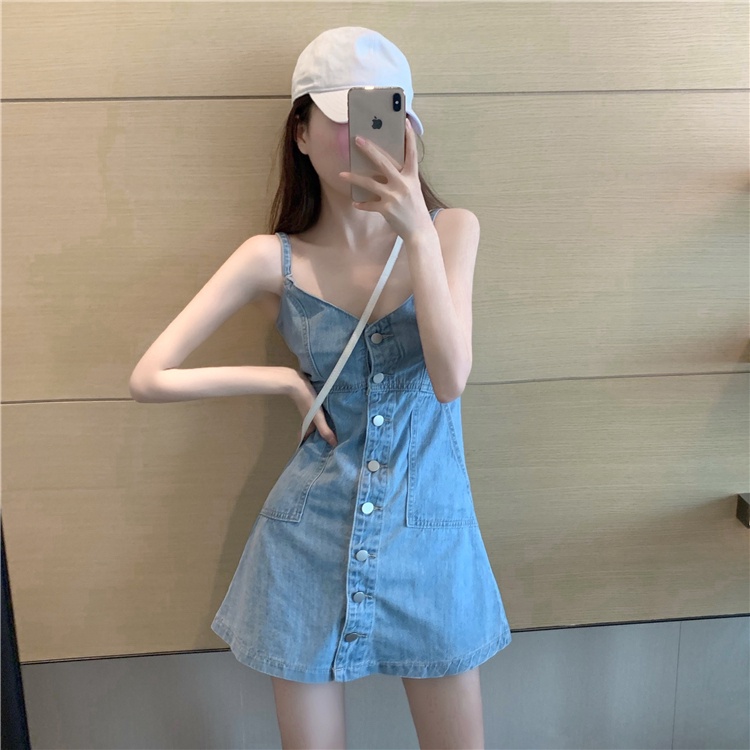 Đầm jean 2 dây có dãy nút trước fom chữ A | Myung Official