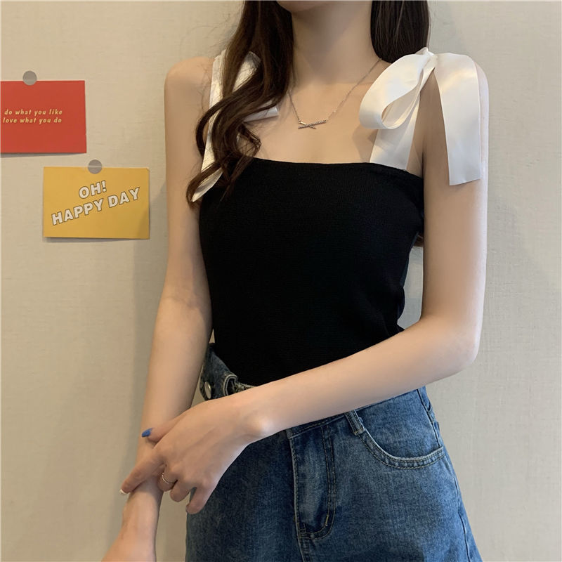Áo hai dây nữ bản to áo 2 dây nơ dáng croptop phong cách tiểu thư