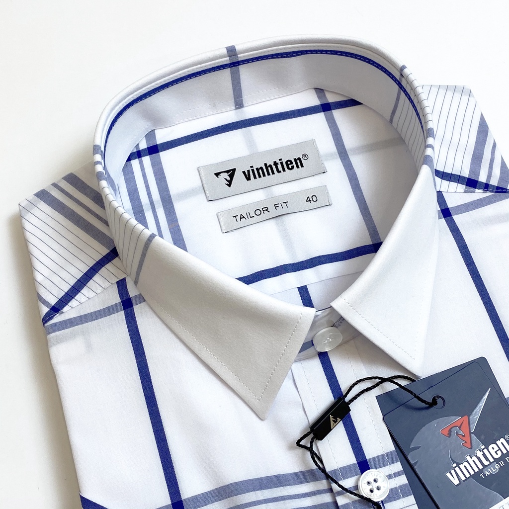 Áo Sơ Mi Nam Tay Ngắn Sọc Caro Bamboo Vĩnh Tiến Form Tailor Fit Vạt Ngang 430 - G390
